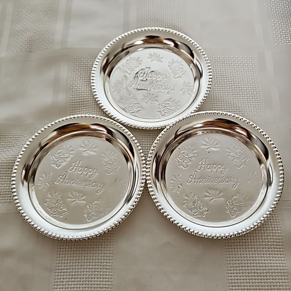 Happy Anniversary Pack Of 3 Small Steel Tray Silver 4.5"